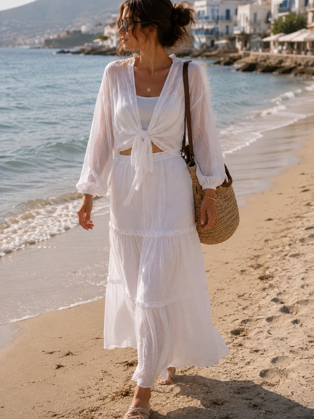 White Sheer Tie-Front Boho Blouse | Lightweight Viscose Blend | M/L